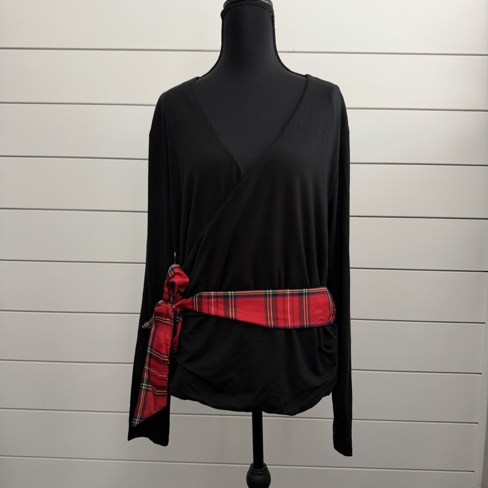 J Crew NWT XL FormKnit Black Long Sleeve Wrap Top Tartan Plaid Belt Academia